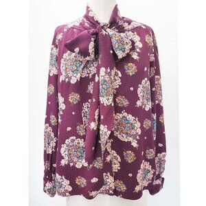 Vintage 70s Oscar de la Renta Women's Purple Floral Tie Neck Bow Blouse